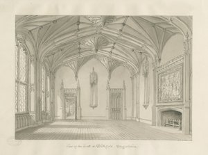 Blithfield Hallin sisustus: seepiapiirustus, 1823 tekijältä John Chessell Buckler