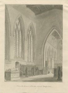 Checkley Churchin sisätilat: seepiapiirustus, 1841 tekijältä John Chessell Buckler