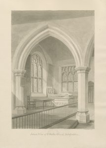 Ellastonen kirkon sisustus: seepiapiirustus, 1841 tekijältä John Chessell Buckler
