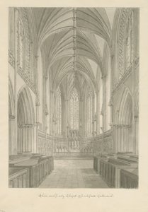 Lichfieldin katedraalin sisustus - Kuoro ja Lady Chapel: seepiapiirustus tekijältä John Chessell Buckler