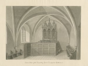 Lichfieldin katedraalin sisätilat - Consistory Court: seepiapiirros tekijältä John Chessell Buckler