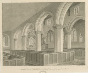 Lichfield - Pyhän Mikaelin kirkon sisustus: seepiapiirustus tekijältä John Chessell Buckler
