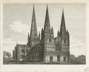 Lichfield Cathedral - West Front: kaiverrus ja [1800-luvun alku] (tulostus) tekijältä John Chessell Buckler