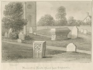 Rocesterin kirkko - Monumentit ja kirkkopiha: seepiapiirustus tekijältä John Chessell Buckler