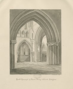 Stafford - Pyhän Marian kirkon sisustus: seepiapiirros, 1841 tekijältä John Chessell Buckler