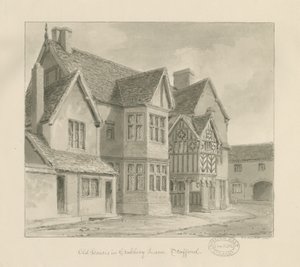 Stafford - Old Houses in Crabbery Lane: seepiapiirros, 1841 tekijältä John Chessell Buckler