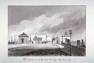 Maksullisia taloja Southwark Bridgellä Lontoossa, 1827. tekijältä John Chessell Buckler