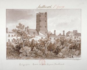 Näkymä lennätintornista West Squarella, Southwarkissa, Lontoossa, 1827 tekijältä John Chessell Buckler