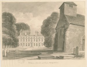 Whitmoren kirkko ja talo: seepiapesupiirros, 1841 tekijältä John Chessell Buckler
