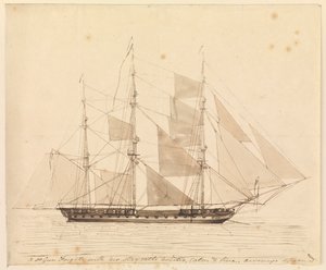 50-tykkinen fregatti, jonka purjeet on nostettu, tyyni ja hieno, markiisit levitetty, 1800-luvun puoliväli (tussi ja ruskea tussi ja ruskea tussi). tekijältä John Christian Schetky
