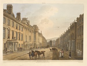 Milsom street.Bath, jota havainnollistaa kuvasarja J. C. Nattesin piirustuksista; kuvaukset jokaiselle levylle.John Claude Nattes1806 tekijältä John Claude Nattes