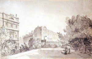 Näkymä Fitzroy-aukiolle, jossa kaksi hahmoa vetää puutarharullaa, n. 1808 (muste ja pesu paperille) tekijältä John Claude Nattes