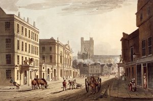 Näkymä kaupungintalolle, torille ja luostarikirkolle, "Bath Illustrated by a Series of Views", kaivertanut John Hill (1770-1850) pubi. kirjoittanut William Miller, 1804 (akvatinta) tekijältä John Claude Nattes