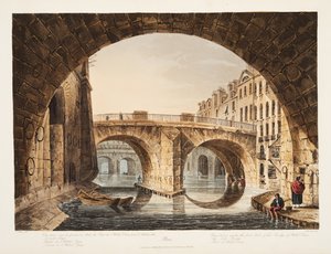 Näkymä Hotel Dieun sillan ensimmäisen kaaren alta, Pieni silta, osa Hotel Dieua, kuvitus Versaillesista, Pariisista ja Saint Denisistä, pubista. 1809 (akvatintta) tekijältä John Claude Nattes
