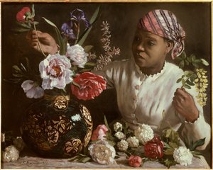 La negresse aux peonines Frederic Bazillen (1841-1870) maalaus 1870 Dim. 0,6x0,75 m Montpellier, musee Fabre - Musta nainen pionien kanssa. Frederic Bazillen (1841-1870) maalaus