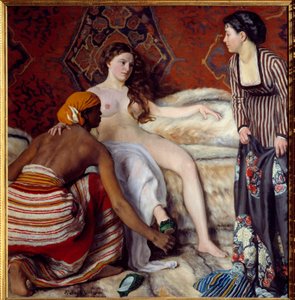 Orientalismi: "" WC"" Nuori valkoinen nainen, jota avustavat kaksi neitoaan, saa wc:n. Frederic Bazillen (1841-1870) maalaus 1869 su. 1,32x1,27 m Montpellier, Musee Fabre