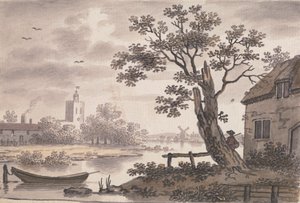 River Scene kirkko, mökki ja tuulimylly tekijältä John Collet