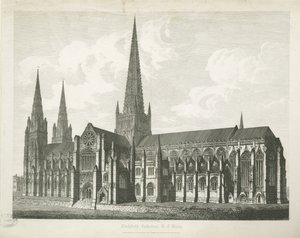Lichfieldin katedraali - Kaakkoisnäkymä: kaiverrus, nd [c 1823] (tulostus)