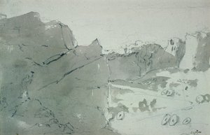 A Quarry for Mill-stones in Derbyshire, 1801 (lyijykynä ja seepia wash paperille) tekijältä John Constable