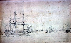 Laiva ankkurissa ja muu laivaliikenne Thamesissa (grafiitti paperilla) tekijältä John Constable
