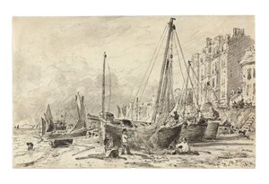 Rannalla olevat kalastusalukset, joissa kalastajat korjaavat verkkoja Brightonin rannalla, katsoen länteen, n. 1824-28 tekijältä John Constable