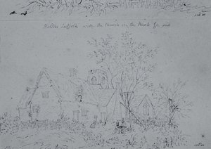 Mökki Holtonissa, taustalla kirkko (kynä ja muste paperille) tekijältä John Constable