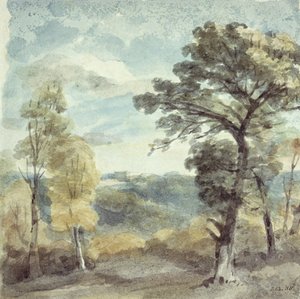 Maisema puilla ja kaukainen kartano (akvarelli) tekijältä John Constable