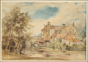 Vanhoja taloja Harnham Bridgen varrella Salisburyssa sekä vanha Hospital of Saint Nicholas tekijältä John Constable
