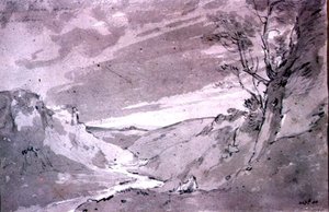 On the Dove lähellä Buxtonia, 1801 (lyijykynä ja seepiapesu) tekijältä John Constable