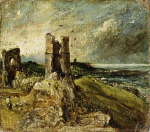 Luonnos Hadleighin linnasta (oikealla) (öljy kartongille) tekijältä John Constable