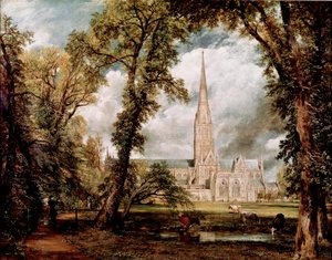 Salisburyn katedraali nähtynä Gardens of the Eveche -maalauksesta John Constable (1776-1837) 1823 su. 87,6x111,8 cm Lontoon, Victorian ja Albertin museo tekijältä John Constable