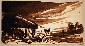 Kukko navetan ovella, n. 1833 (ruskea pesu paperilla) tekijältä John Constable