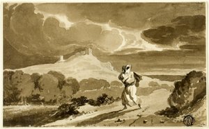 Nainen vauvan kanssa pakenee nummien poikki tekijältä John Constable