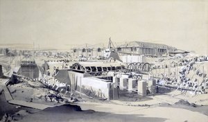 Kiinteän konehuoneen rakentaminen, Camden Town, 26. huhtikuuta 1837 (kynä ja muste ja pesu paperille) tekijältä John Cooke Bourne
