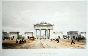 Euston Groven aseman sisäänkäynti, John Brittonin teoksesta "Drawings of the London and Birmingham Railway", julkaistu 1838 (värilitho) tekijältä John Cooke Bourne