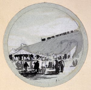 Avajaiset, London & Birmingham Railway, n. 1838 (kynä ja muste ja pesu paperille) tekijältä John Cooke Bourne
