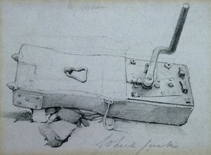 Pyörännosturi, 1830-luku (kynä ja muste ja pesu paperille) tekijältä John Cooke Bourne