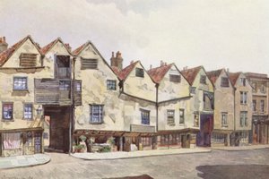 Kadonnut Lontoo: Bermondsey Streetin muinaiset vuokrakerrostalot (värilitografia). tekijältä John Crowther