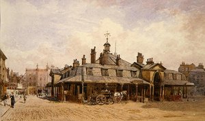 Näkymä Oxford Marketille, St. Marylebone, n. 1880 (akvarelli paperille) tekijältä John Crowther