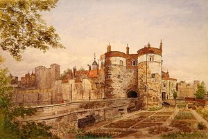 Näkymä Lontoon Towerista, jossa näkyy Byward Tower, Beauchamp Tower, Devereux Tower ja St. Thomas Tower tekijältä John Crowther