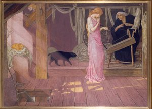 Prinsessa oleva kaunotar: Prinsessa pistelee sormeaan (tempera)