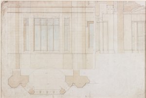 Design for Window at Holme Eden (kynä ja muste ja pesu (sininen ja ruskea) paperille (paperille)) tekijältä John Dobson