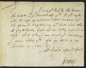 Cotton Julius C. III, f.153 John Donnen nimikirjoituskirje Sir Robert Cottonille, kirjoitettu vankilasta, 20. helmikuuta 1601 (muste paperille) tekijältä John Donne