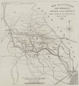 Kartta, joka havainnollistaa kenraali Shermanin marssia Georgian halki Atlantasta Savannahiin marras- ja joulukuussa 1864
