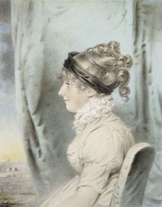 Naisen muotokuva, tunnistettu Eliza Were Holdsworthiksi, istuva, puolipitkä, profiilissa vasemmalla, valkoisessa mekossa ja mustalla hiusnauhalla, verhojen vieressä, rannikkonäkymä takaa, 1804