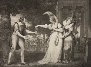 Nurmikko ennen herttuan palatsia, näytös I, kohtaus II, näytelmästä "Kuten haluatte", The Boydell Shakespeare Gallery, julkaistu 1800-luvun lopulla. tekijältä John Downman