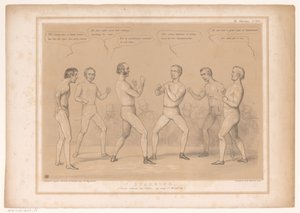 Spotprent tapasi Lord Bentinckin ja Lord Lyndhurstin vuonna een bokswedstrijd Sparraus. Setti, ilman hanskoja, muuten Wind-up! (otsikko esineessä) HB Sketches (sarjan nimi objektissa) tekijältä John Doyle