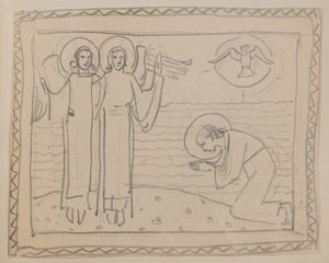 Nimetön [Polvistuva hahmo ja kaksi enkeliä] (lyijykynä) tekijältä John Duncan