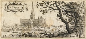 Kaksi hahmoa seisoo suuren puun vieressä oikealla etualalla; Chichesterin kaupunki kaukana; kohtauksen läpi kulkevat kaupungin muurit; Chichesterin katedraali kuvan keskellä, n. 1660 (etsaus) tekijältä John Dunstall
