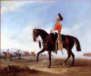 Ratsuupseeri ja 3. dragoonikaartin vartijoiden vartijat manööverissä. tekijältä John E. Ferneley